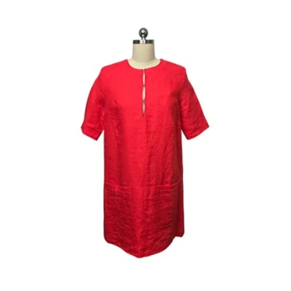 Emerson Fry Dress Womens Medium Red Linen Shift Short Sleeve Keyhole Made in USA